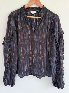 Evereve Black Blouse with Taupe Brushstroke Ruffle Sleeves
